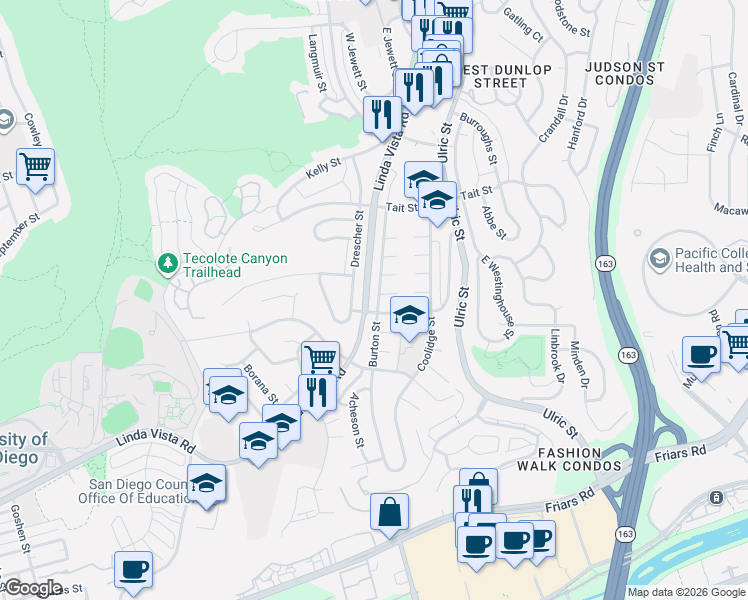 map of restaurants, bars, coffee shops, grocery stores, and more near 1828 Burton Street in San Diego