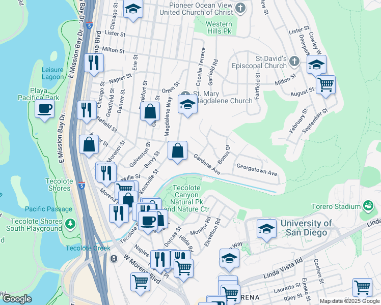 map of restaurants, bars, coffee shops, grocery stores, and more near 4861 Viane Way in San Diego