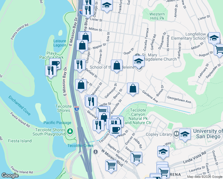 map of restaurants, bars, coffee shops, grocery stores, and more near 1760 Galveston Street in San Diego