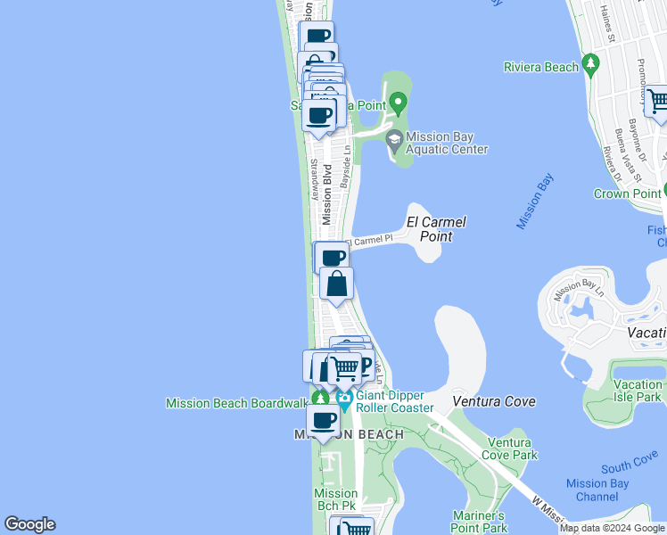 map of restaurants, bars, coffee shops, grocery stores, and more near in San Diego