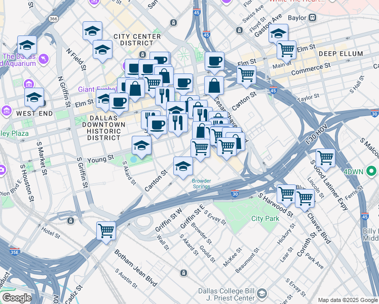 map of restaurants, bars, coffee shops, grocery stores, and more near 508 Park Avenue in Dallas
