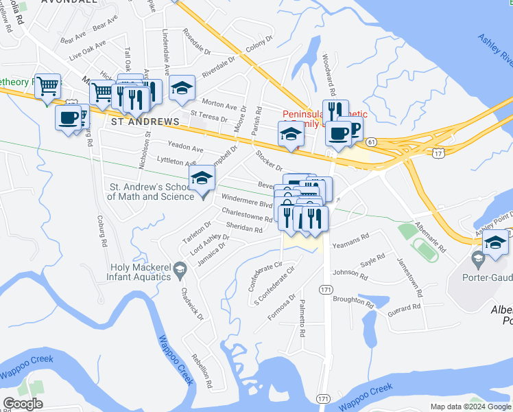 map of restaurants, bars, coffee shops, grocery stores, and more near 629 Windermere Boulevard in Charleston