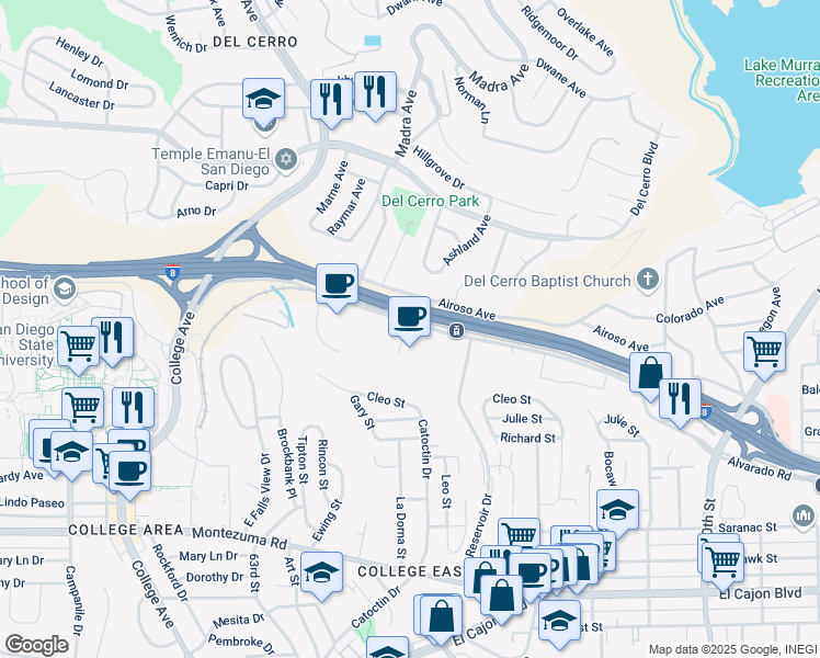 map of restaurants, bars, coffee shops, grocery stores, and more near 6625 Alvarado Road in San Diego