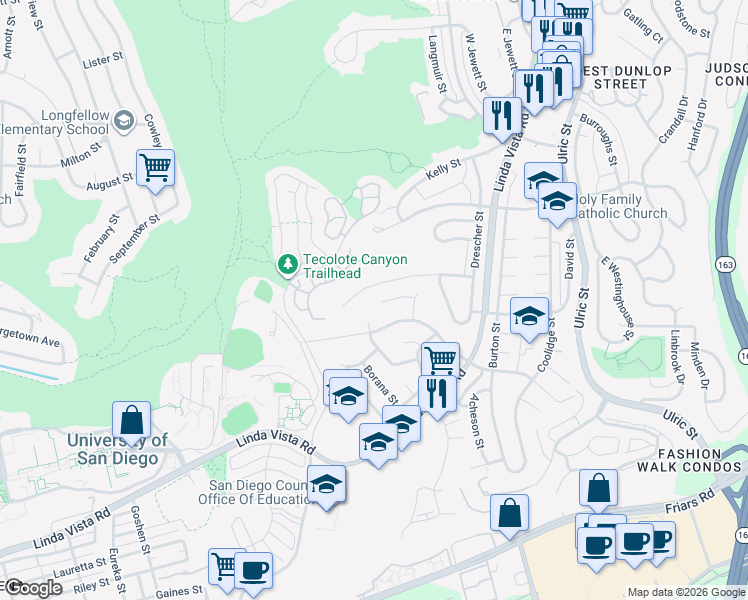 map of restaurants, bars, coffee shops, grocery stores, and more near 6516 Glidden Lane in San Diego