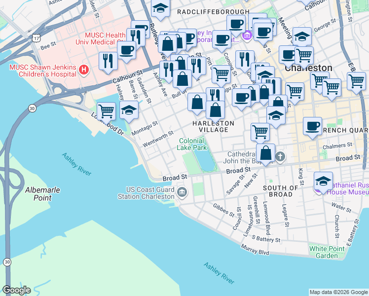 map of restaurants, bars, coffee shops, grocery stores, and more near 114 Beaufain Street in Charleston