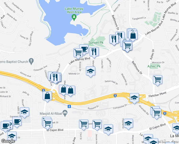 map of restaurants, bars, coffee shops, grocery stores, and more near 7495 Oakland Road in La Mesa