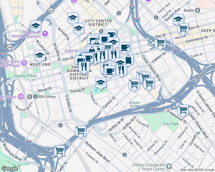 map of restaurants, bars, coffee shops, grocery stores, and more near 501 South Ervay Street in Dallas
