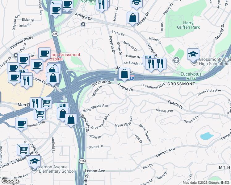 map of restaurants, bars, coffee shops, grocery stores, and more near 9310 Wister Drive in La Mesa