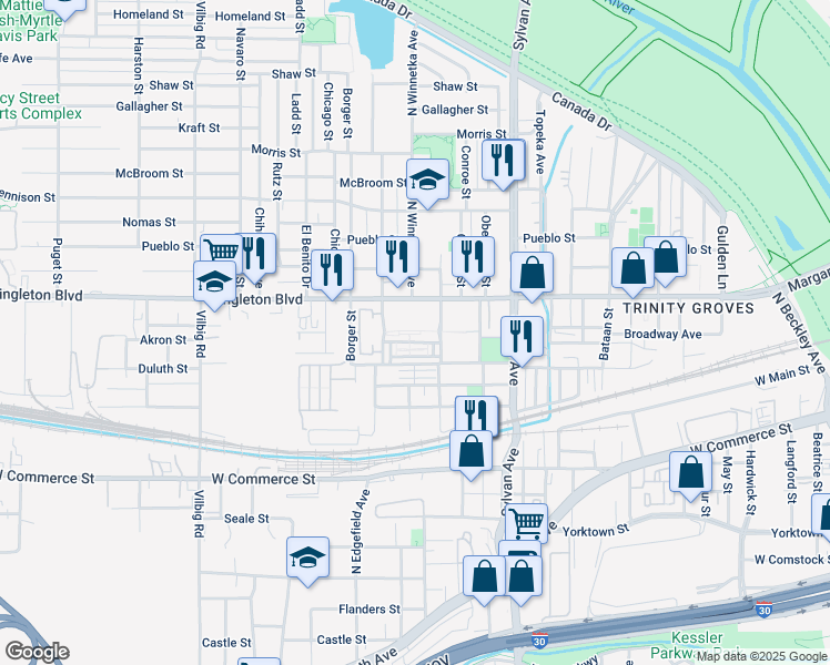 map of restaurants, bars, coffee shops, grocery stores, and more near 900 Singleton Boulevard in Dallas
