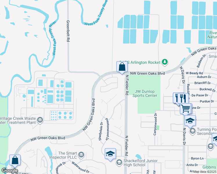 map of restaurants, bars, coffee shops, grocery stores, and more near 1900 Las Luna Lane in Arlington