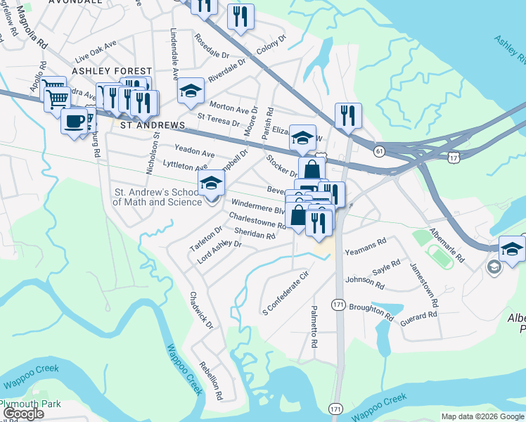 map of restaurants, bars, coffee shops, grocery stores, and more near 631 Windermere Boulevard in Charleston