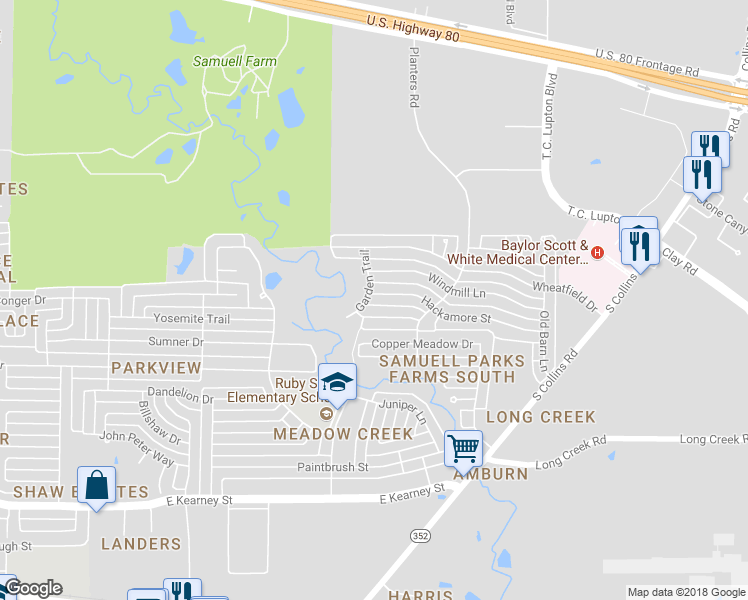 map of restaurants, bars, coffee shops, grocery stores, and more near 1304 Hackamore Street in Mesquite