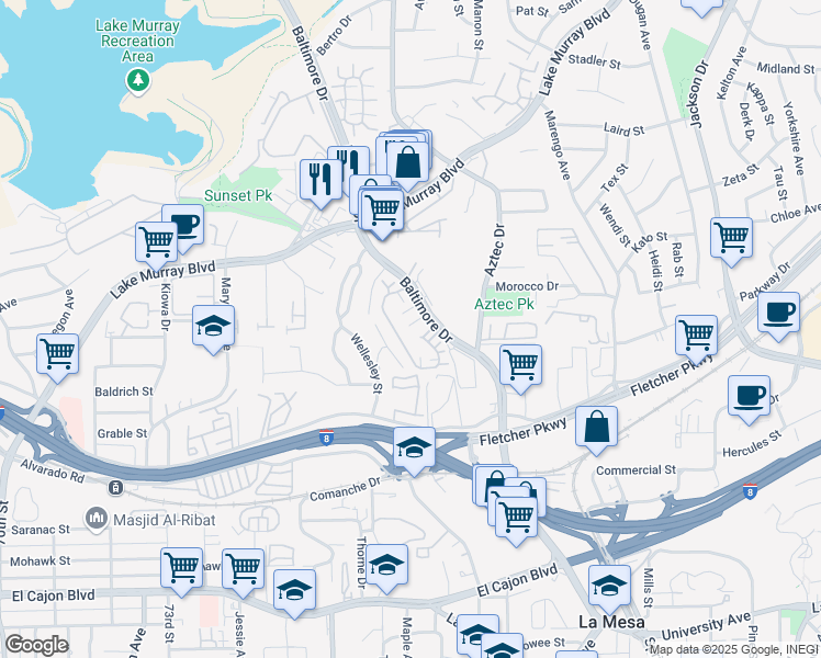 map of restaurants, bars, coffee shops, grocery stores, and more near 2 La Mesa Boulevard in La Mesa