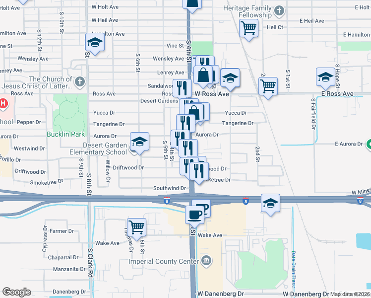map of restaurants, bars, coffee shops, grocery stores, and more near 1802 South 4th Street in El Centro