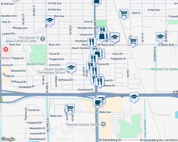 map of restaurants, bars, coffee shops, grocery stores, and more near in El Centro