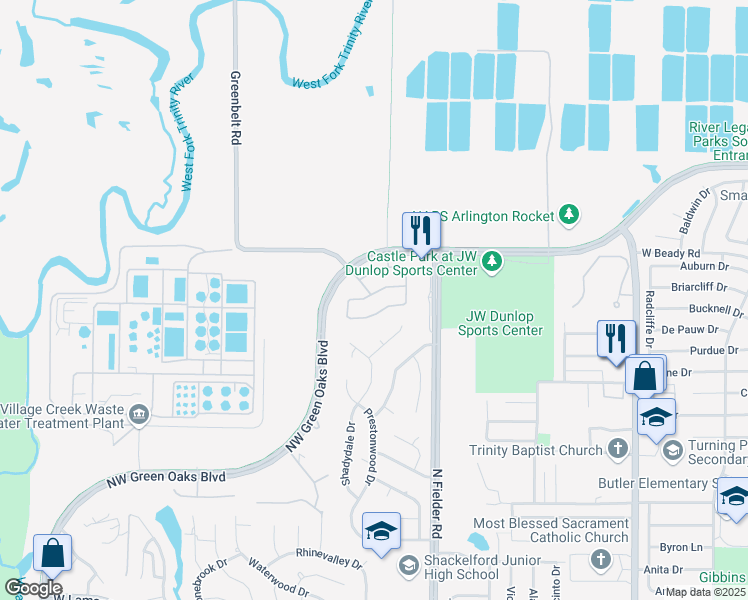 map of restaurants, bars, coffee shops, grocery stores, and more near 1900 Las Luna Lane in Arlington