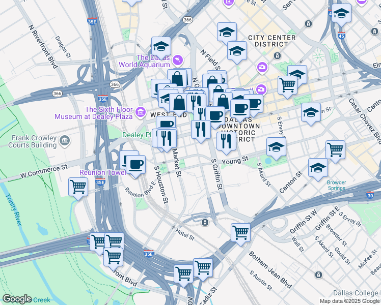 map of restaurants, bars, coffee shops, grocery stores, and more near in Dallas