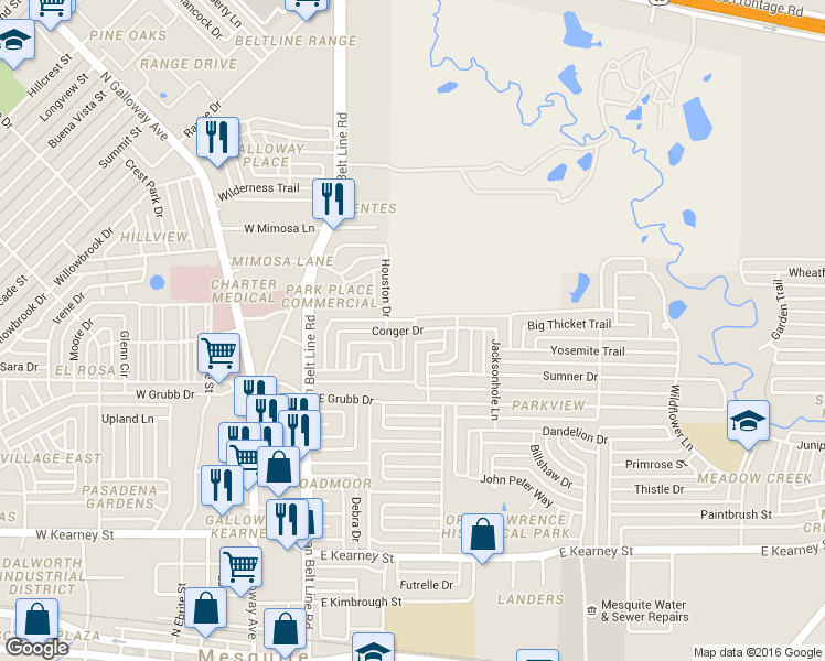 map of restaurants, bars, coffee shops, grocery stores, and more near 353 Conger Drive in Mesquite