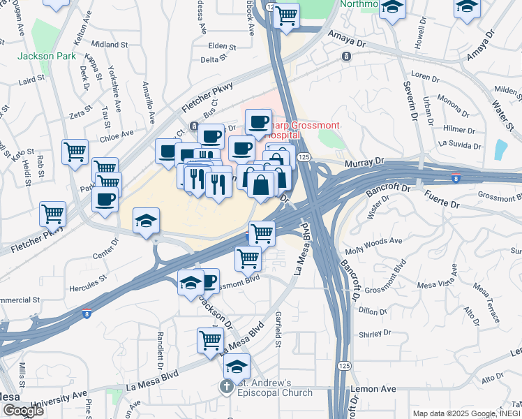 map of restaurants, bars, coffee shops, grocery stores, and more near 5500 Grossmont Center Drive in La Mesa