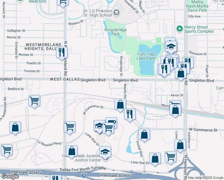 map of restaurants, bars, coffee shops, grocery stores, and more near 2843 Bedford Street in Dallas
