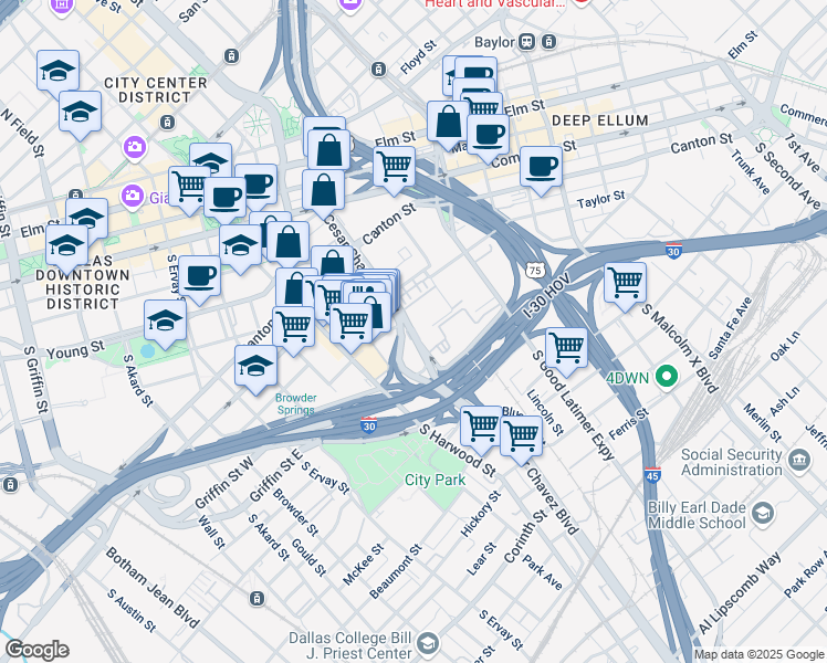map of restaurants, bars, coffee shops, grocery stores, and more near 1130 South Cesar Chavez Boulevard in Dallas