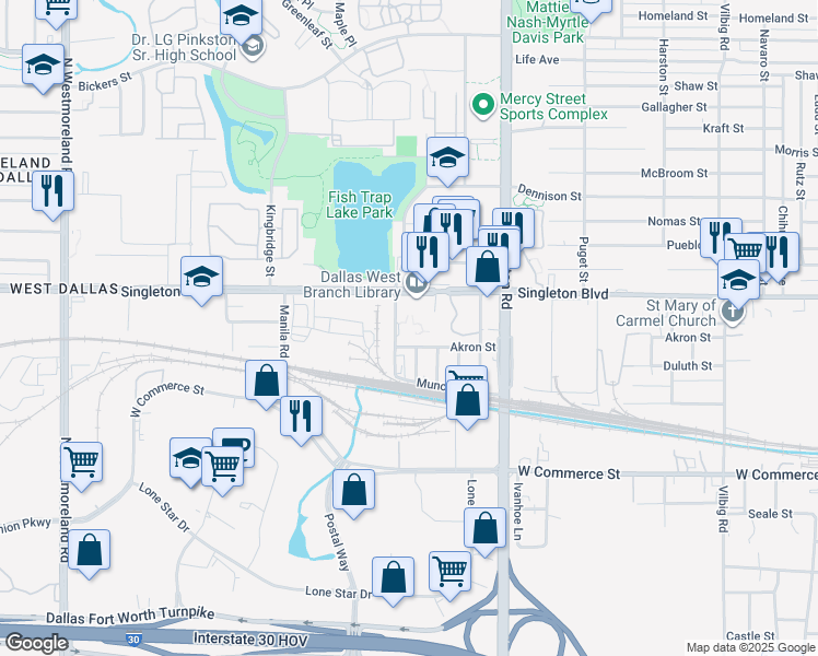 map of restaurants, bars, coffee shops, grocery stores, and more near 2828 Fish Trap Road in Dallas