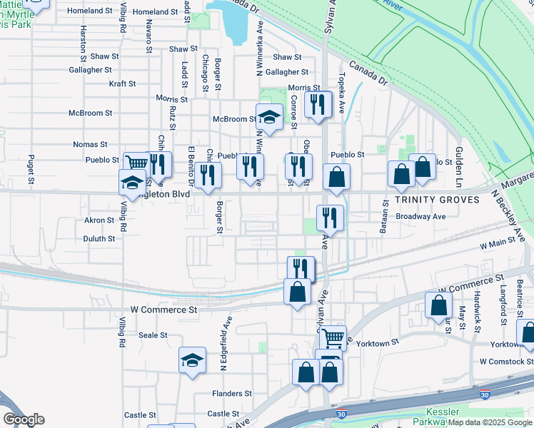 map of restaurants, bars, coffee shops, grocery stores, and more near 1000 Singleton Boulevard in Dallas