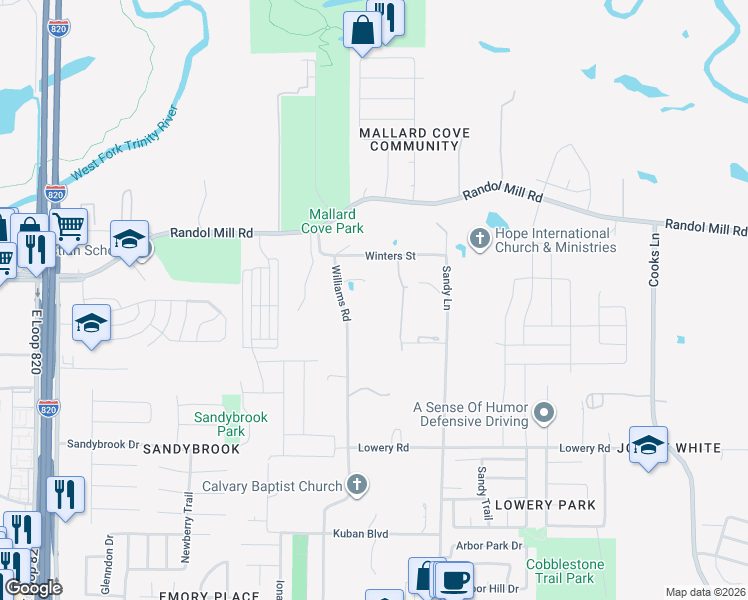 map of restaurants, bars, coffee shops, grocery stores, and more near 217 Williams Road in Fort Worth