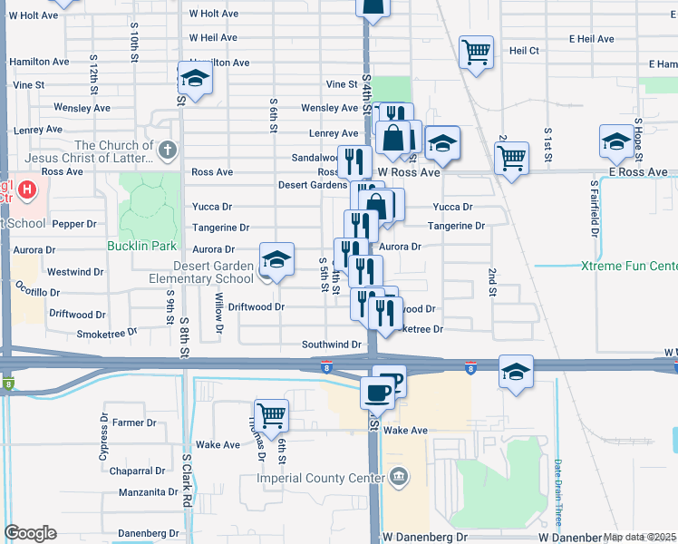 map of restaurants, bars, coffee shops, grocery stores, and more near in El Centro