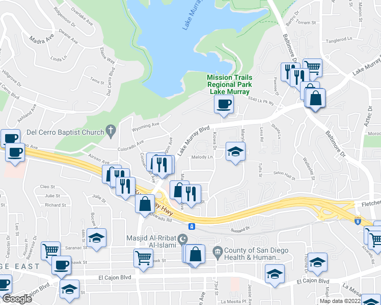 map of restaurants, bars, coffee shops, grocery stores, and more near 7200 Melody Lane in La Mesa