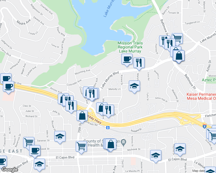 map of restaurants, bars, coffee shops, grocery stores, and more near 7200 Melody Lane in La Mesa