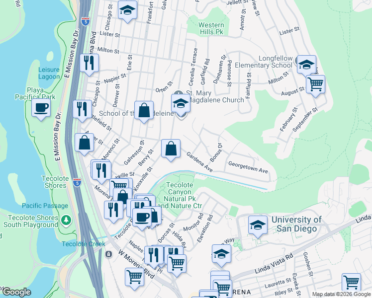 map of restaurants, bars, coffee shops, grocery stores, and more near 4861 Viane Way in San Diego