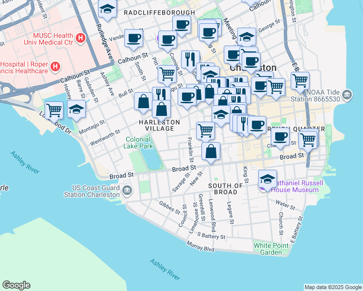 map of restaurants, bars, coffee shops, grocery stores, and more near 29 C Franklin Street in Charleston