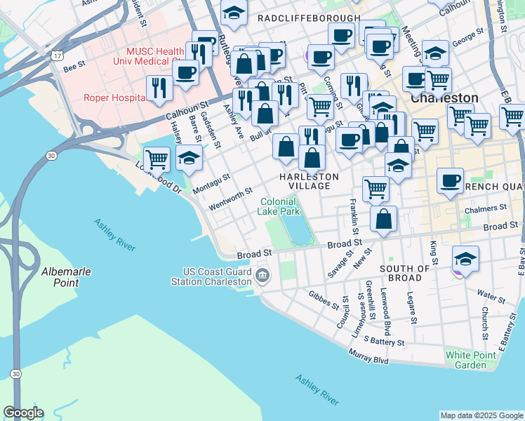 map of restaurants, bars, coffee shops, grocery stores, and more near 114 Beaufain Street in Charleston