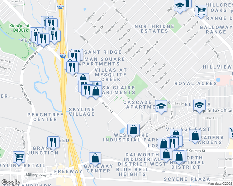 map of restaurants, bars, coffee shops, grocery stores, and more near 1139 Hillcrest Street in Mesquite