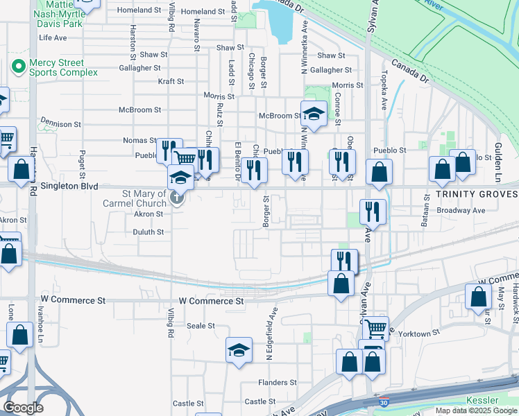 map of restaurants, bars, coffee shops, grocery stores, and more near 2923 Chicago Street in Dallas