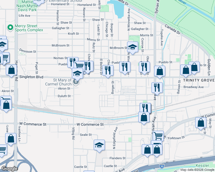 map of restaurants, bars, coffee shops, grocery stores, and more near 2923 Chicago Street in Dallas