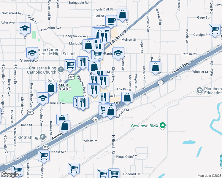 map of restaurants, bars, coffee shops, grocery stores, and more near 1113 Kings Highway in Fort Worth