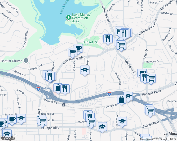 map of restaurants, bars, coffee shops, grocery stores, and more near 5499 Maryland Avenue in La Mesa