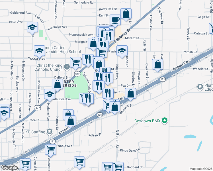 map of restaurants, bars, coffee shops, grocery stores, and more near 1113 Kings Highway in Fort Worth