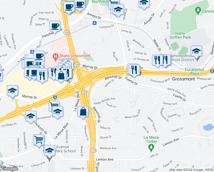 map of restaurants, bars, coffee shops, grocery stores, and more near 9204 Virginian Lane in La Mesa