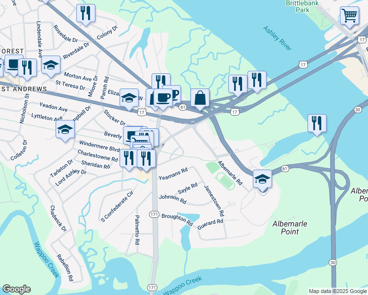 map of restaurants, bars, coffee shops, grocery stores, and more near 15 Fenwick Drive in Charleston