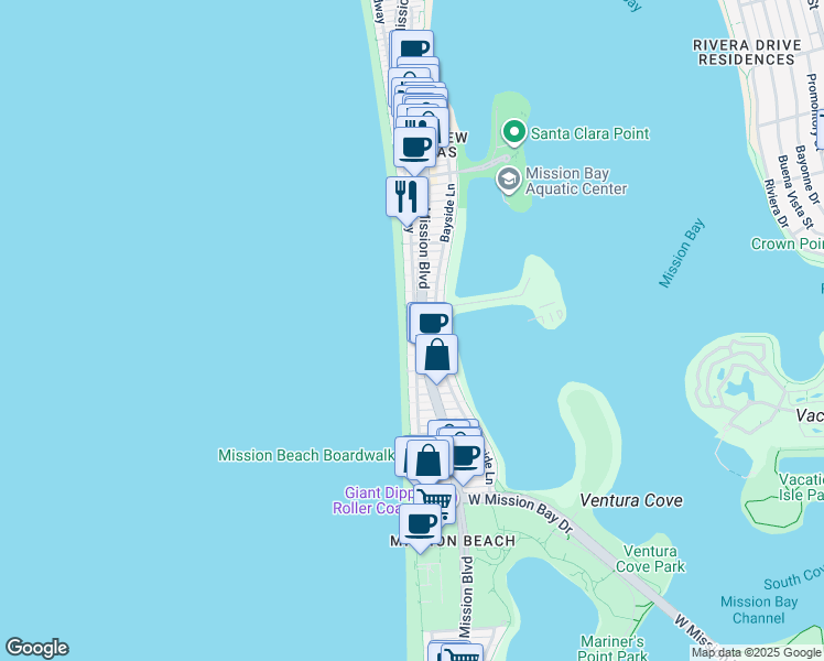map of restaurants, bars, coffee shops, grocery stores, and more near 3463 Ocean Front Walk in San Diego