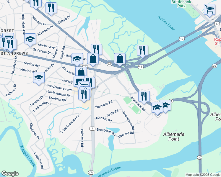 map of restaurants, bars, coffee shops, grocery stores, and more near 15 Fenwick Drive in Charleston