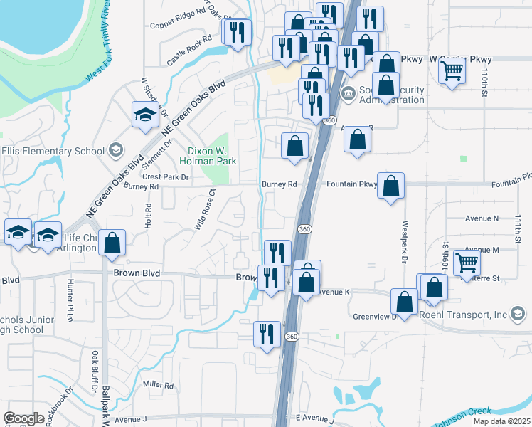 map of restaurants, bars, coffee shops, grocery stores, and more near 2502 Burney Oaks Lane in Arlington
