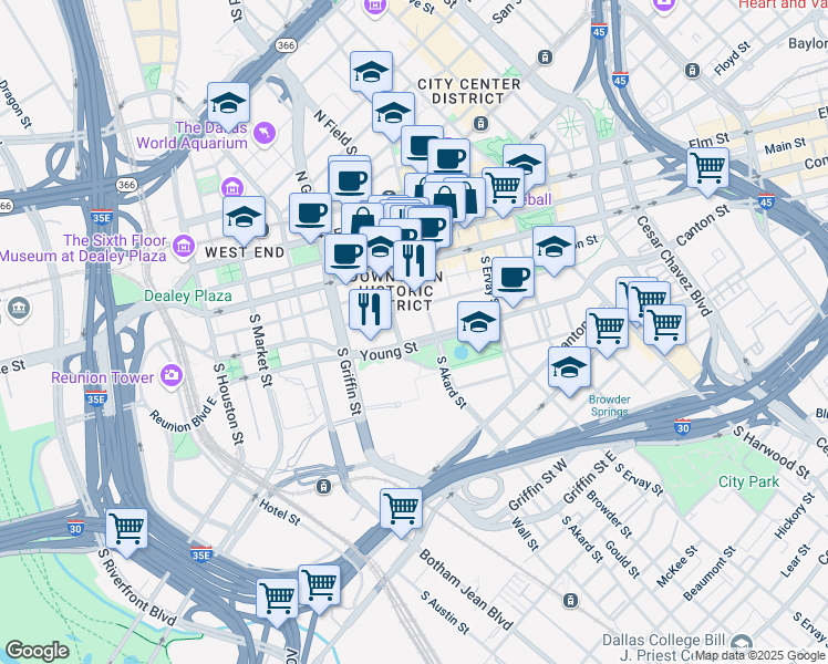 map of restaurants, bars, coffee shops, grocery stores, and more near 403 South Akard Street in Dallas
