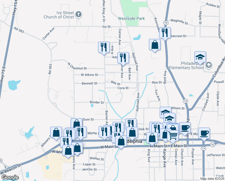 map of restaurants, bars, coffee shops, grocery stores, and more near 241-271 Cora Street in Philadelphia