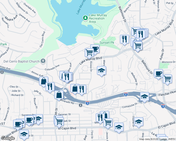 map of restaurants, bars, coffee shops, grocery stores, and more near 7200 Melody Lane in La Mesa