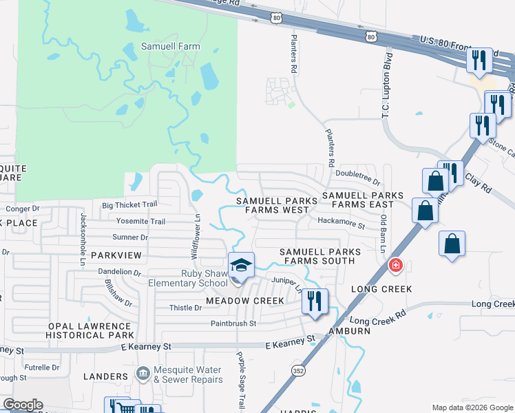 map of restaurants, bars, coffee shops, grocery stores, and more near 1105 Garden Trail in Mesquite