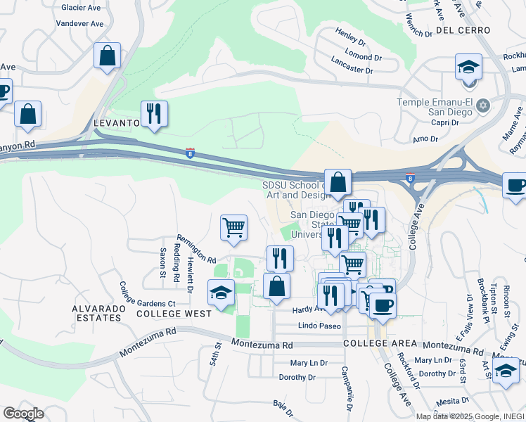 map of restaurants, bars, coffee shops, grocery stores, and more near 55TH Crest Drive in San Diego